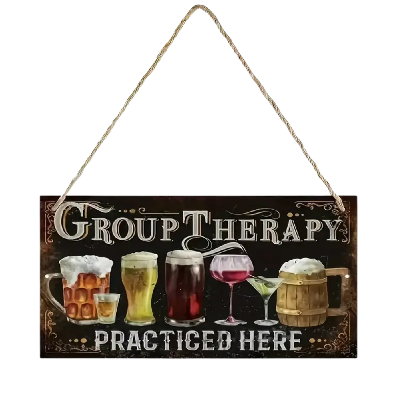 Decoratief Houten Bordje – “Group Therapy Practiced Here”